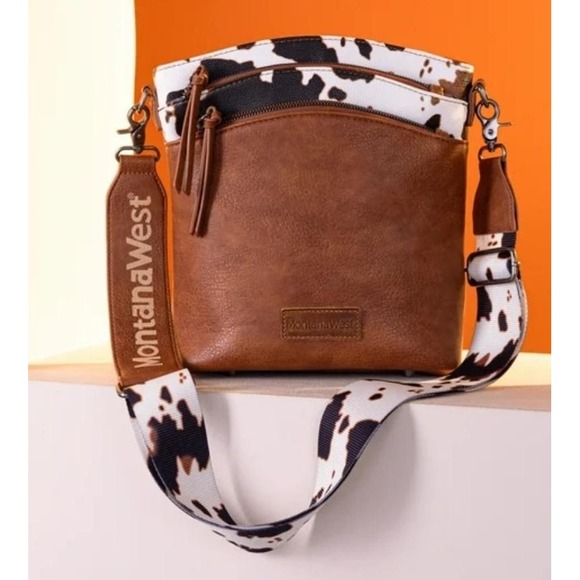 Montana West Crossbody Bag Womens Brown Cow Print Guitar Strap Purse‎ MWC-8518BR - Picture 4 of 12